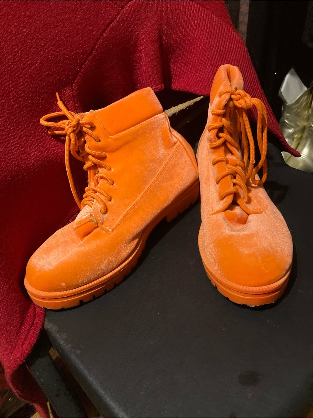Fashion Nova Orange Velvet Combat Boots